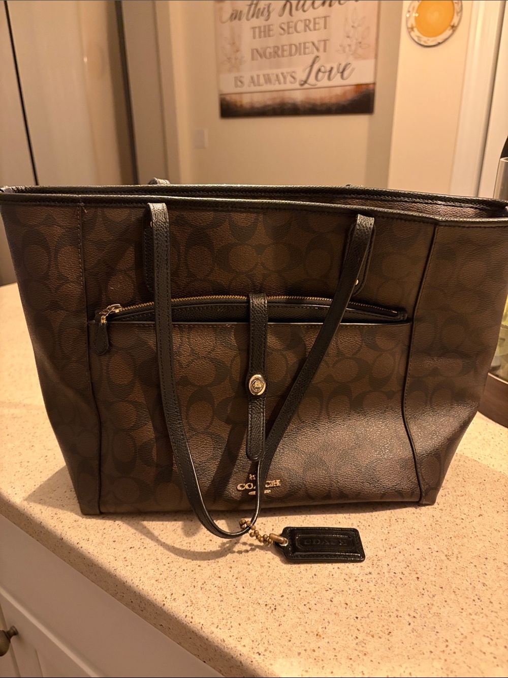 Coach Dark Brown Signature Canvas Tote with Black Trim